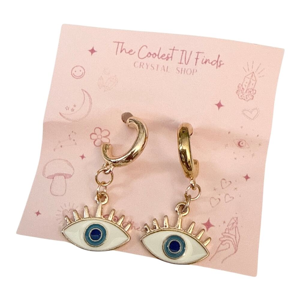 Boutique Evil Eye Gold Tone Hoop Post Back Earrings NWT